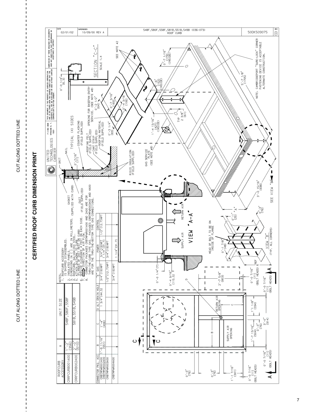 Bryant 580F036-150 warranty Certified Roof Curb Dimension Print 