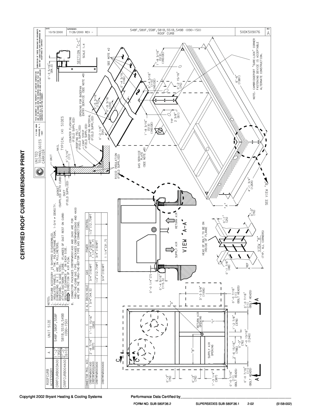 Bryant 580F036-150 Certified Roof Curb Dimension Print, Copyright 2002 Bryant Heating & Cooling Systems, 2-02, 5158-002 
