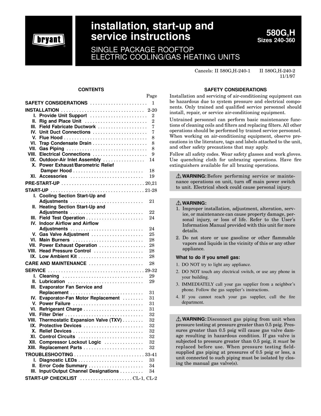 Bryant 580G manual Contents, Safety Considerations 