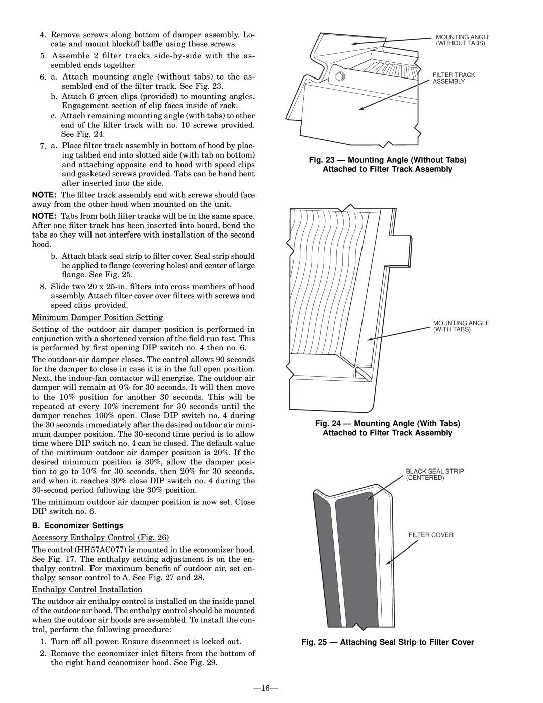 Bryant 580G manual Economizer Settings, Mounting Angle With Tabs Attached to Filter Track Assembly 