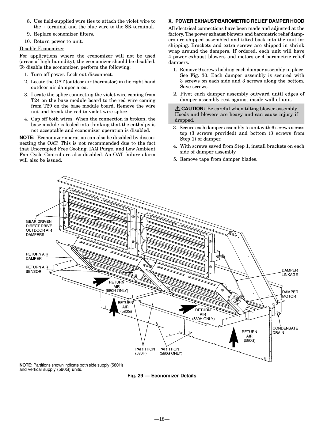 Bryant 580G manual Power EXHAUST/BAROMETRIC Relief Damper Hood, Economizer Details 