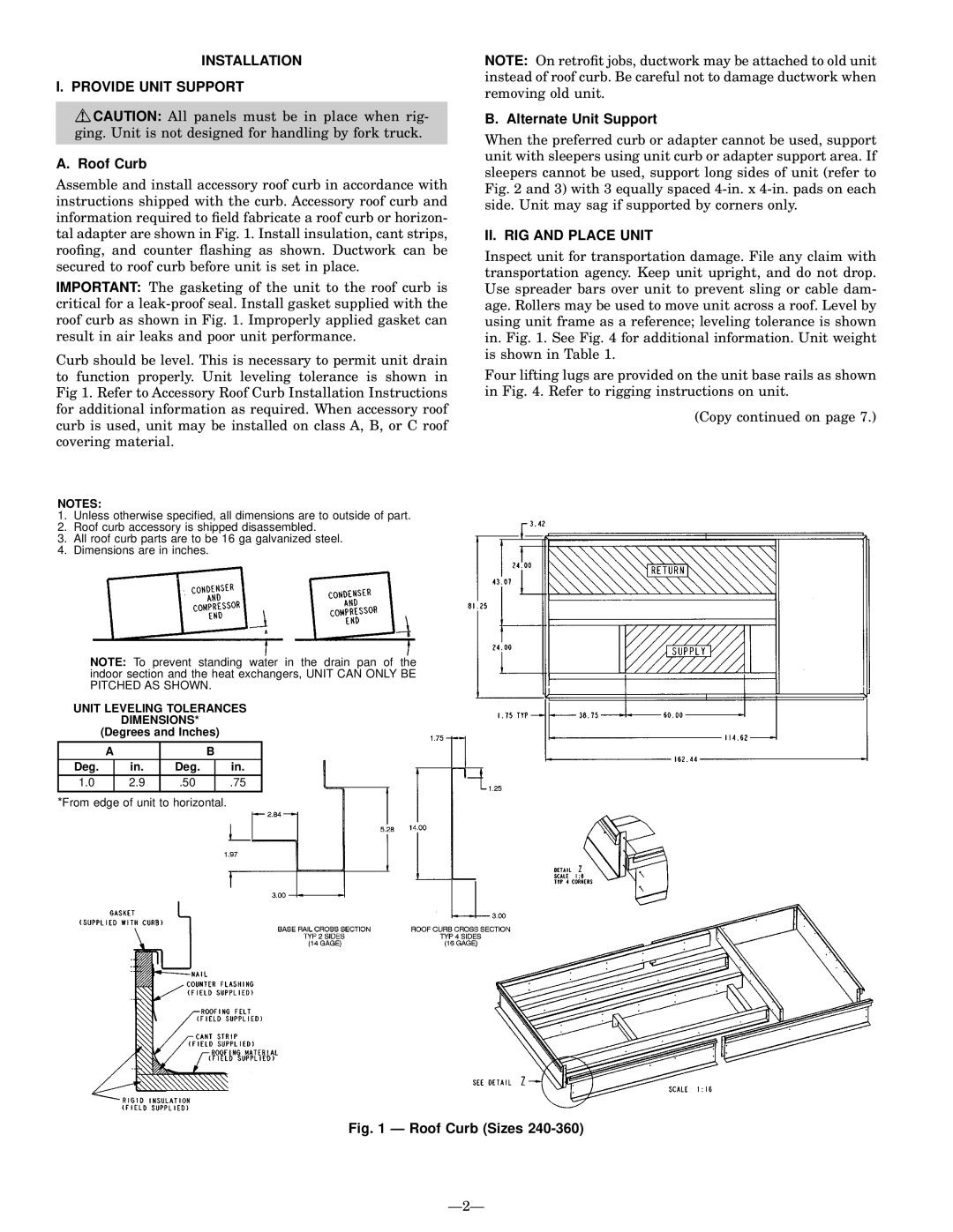 Bryant 580G manual Installation Provide Unit Support, Roof Curb, Alternate Unit Support, II. RIG and Place Unit 