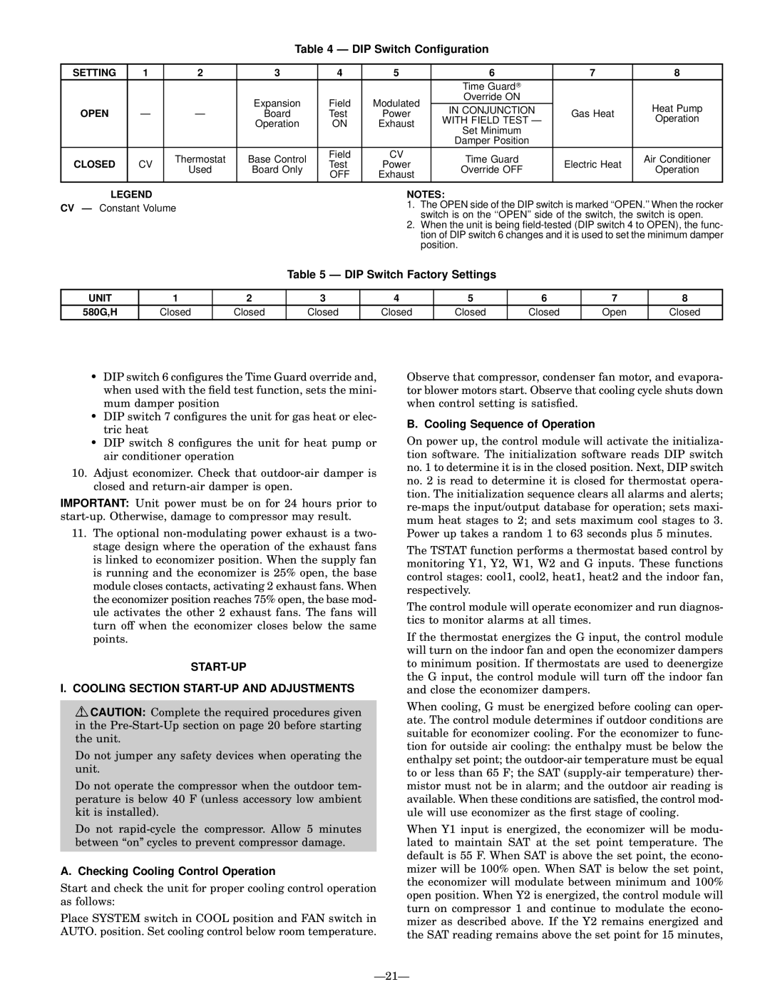 Bryant 580G manual DIP Switch Conguration, DIP Switch Factory Settings, START-UP Cooling Section START-UP and Adjustments 