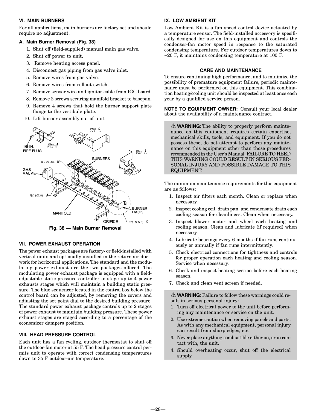 Bryant 580G manual VI. Main Burners, VII. Power Exhaust Operation, VIII. Head Pressure Control, IX. LOW Ambient KIT 