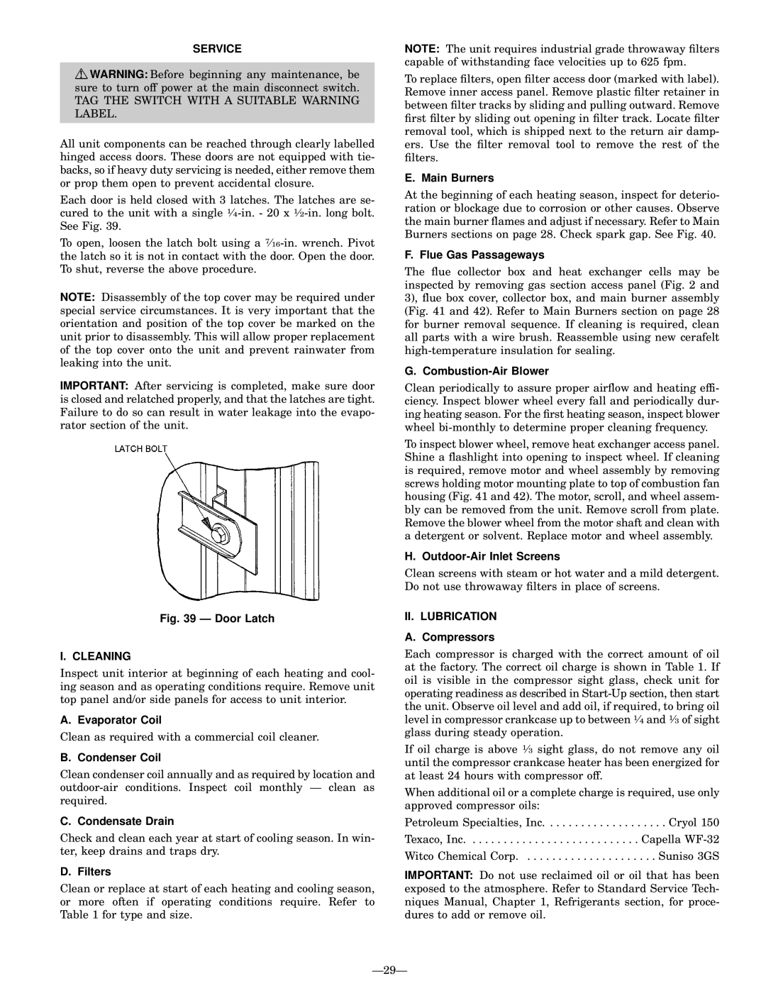 Bryant 580G manual Service, Cleaning, II. Lubrication 