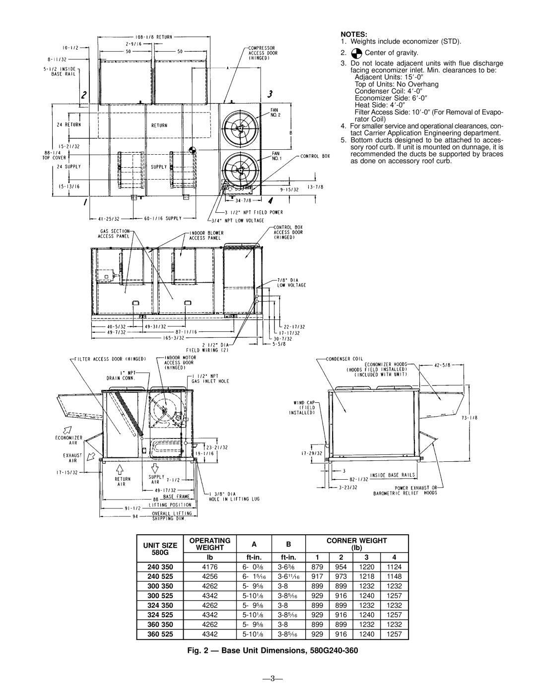 Bryant manual Base Unit Dimensions, 580G240-360, Unit Size Operating Corner Weight 