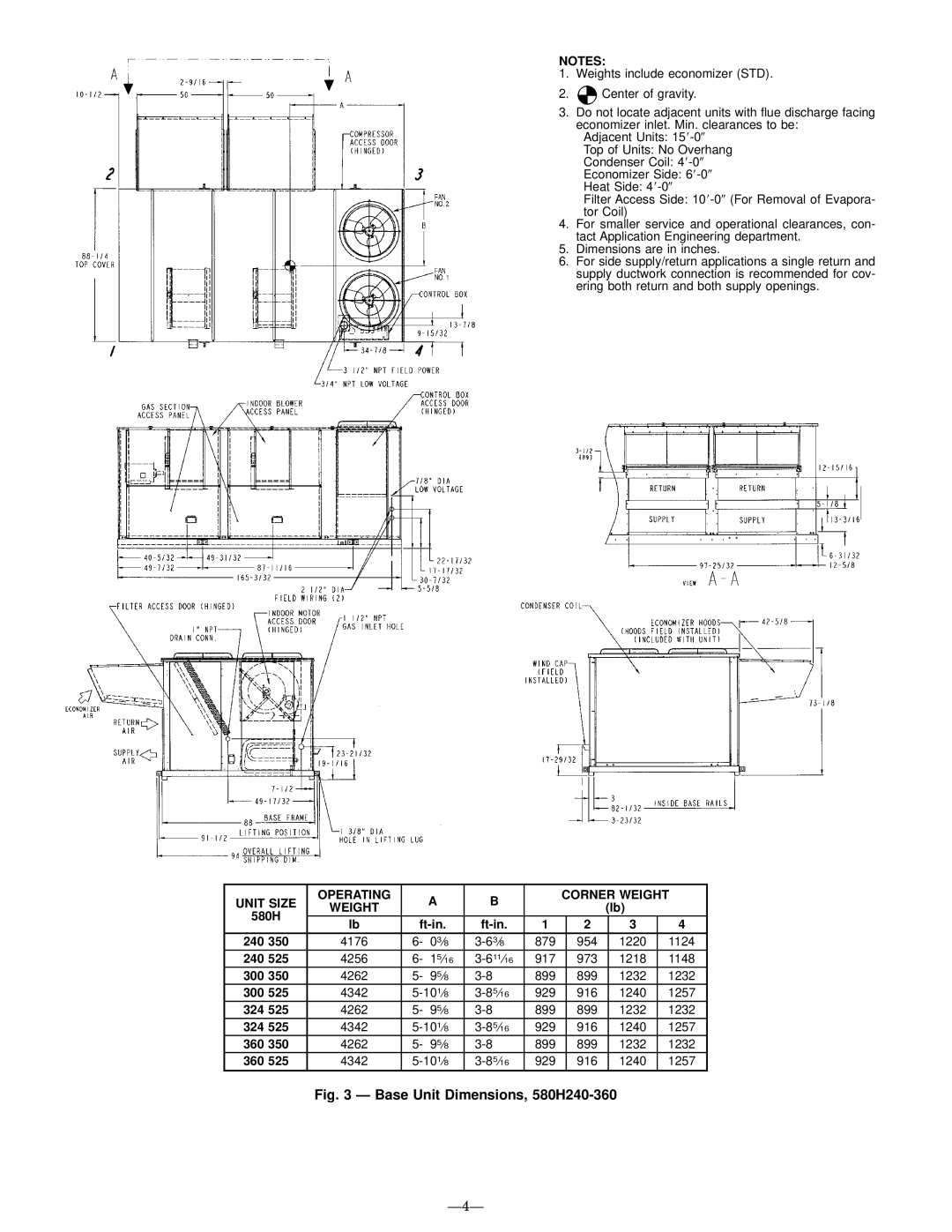 Bryant 580G manual Base Unit Dimensions, 580H240-360 