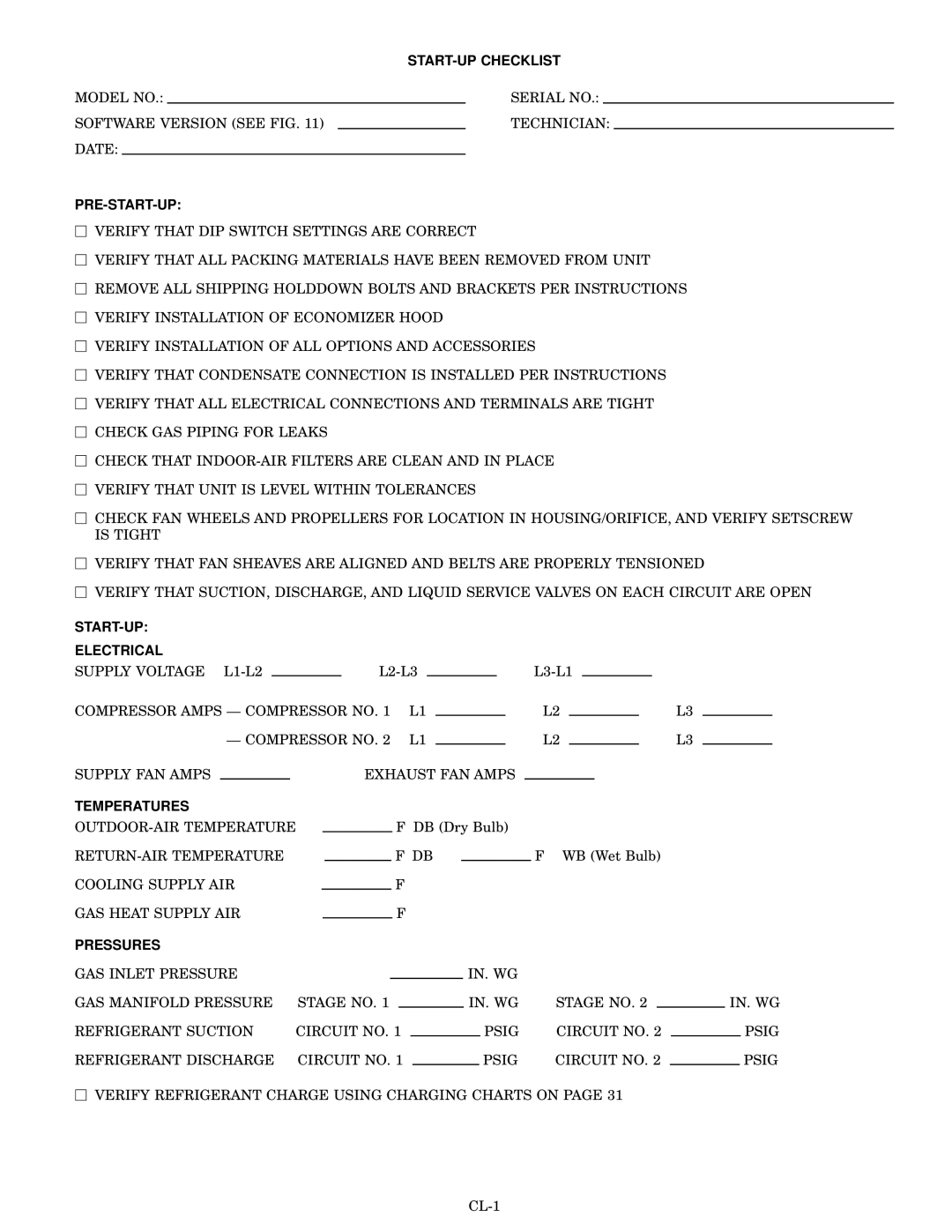 Bryant 580G manual START-UP Checklist, START-UP Electrical, Temperatures, Pressures 