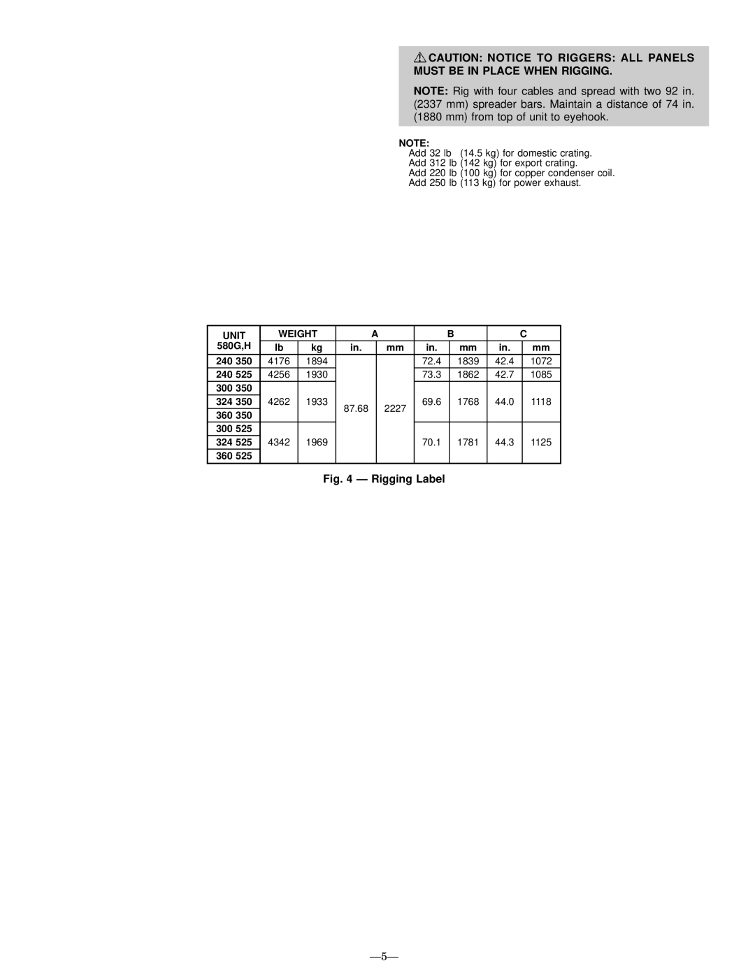 Bryant 580G manual Must be in Place When Rigging, Unit Weight 