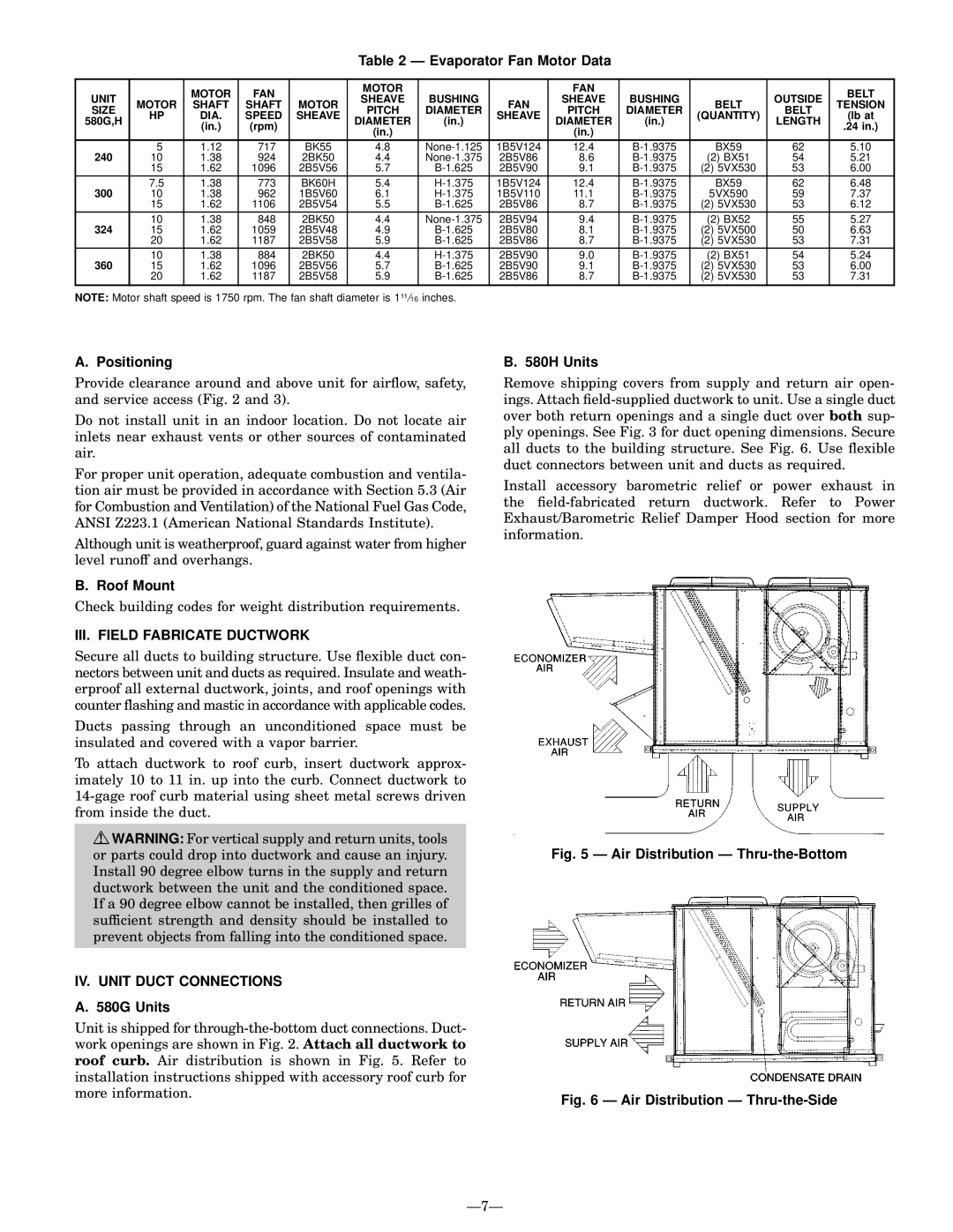 Bryant 580G manual III. Field Fabricate Ductwork, IV. Unit Duct Connections 