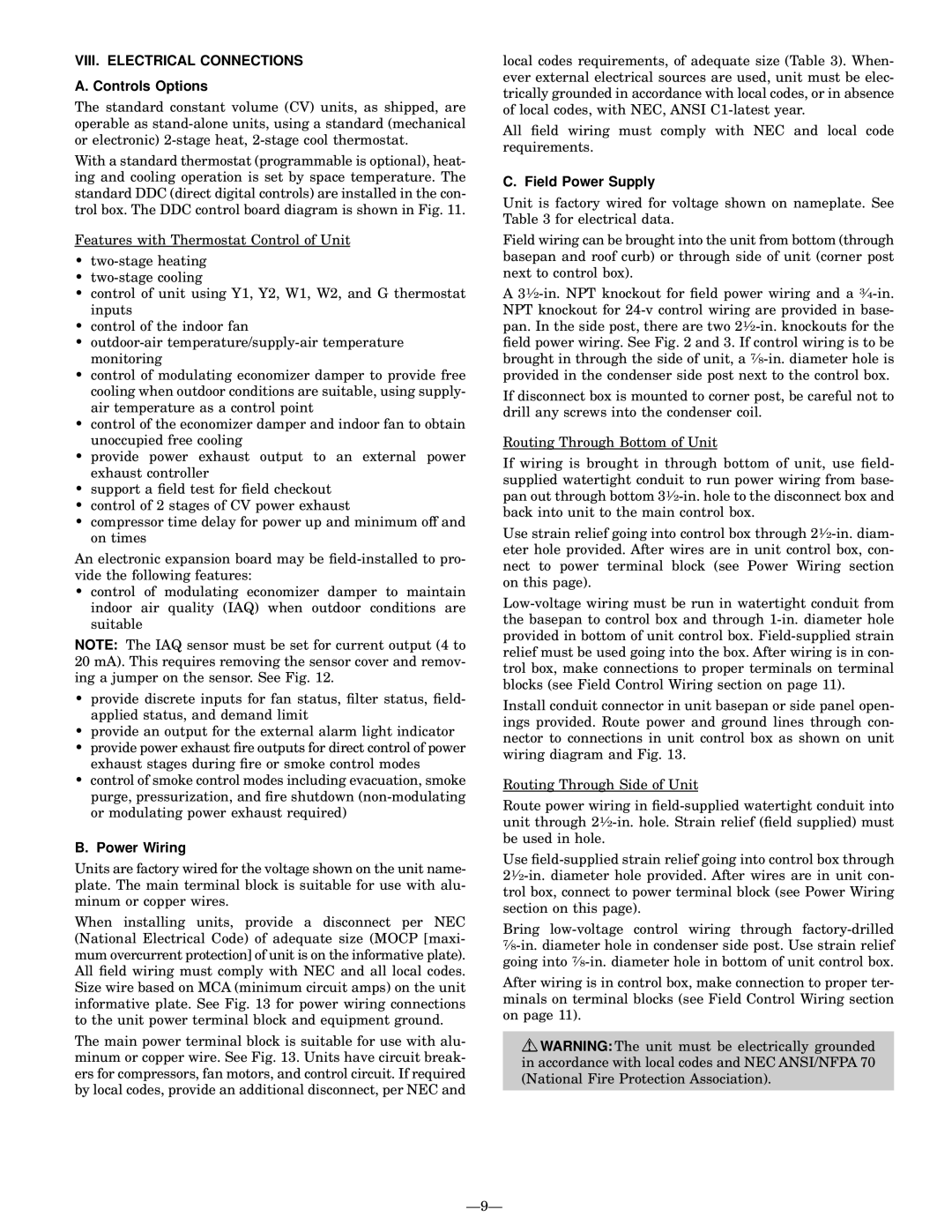 Bryant 580G manual VIII. Electrical Connections, Controls Options, Power Wiring, Field Power Supply 