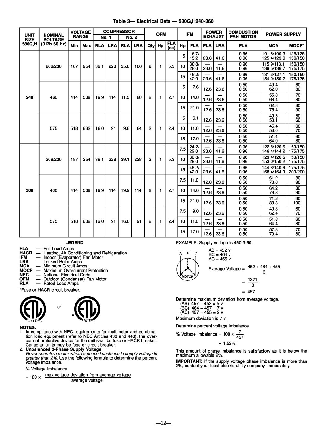 Bryant manual Ð Electrical Data Ð 580G,H240-360, Ð12Ð 