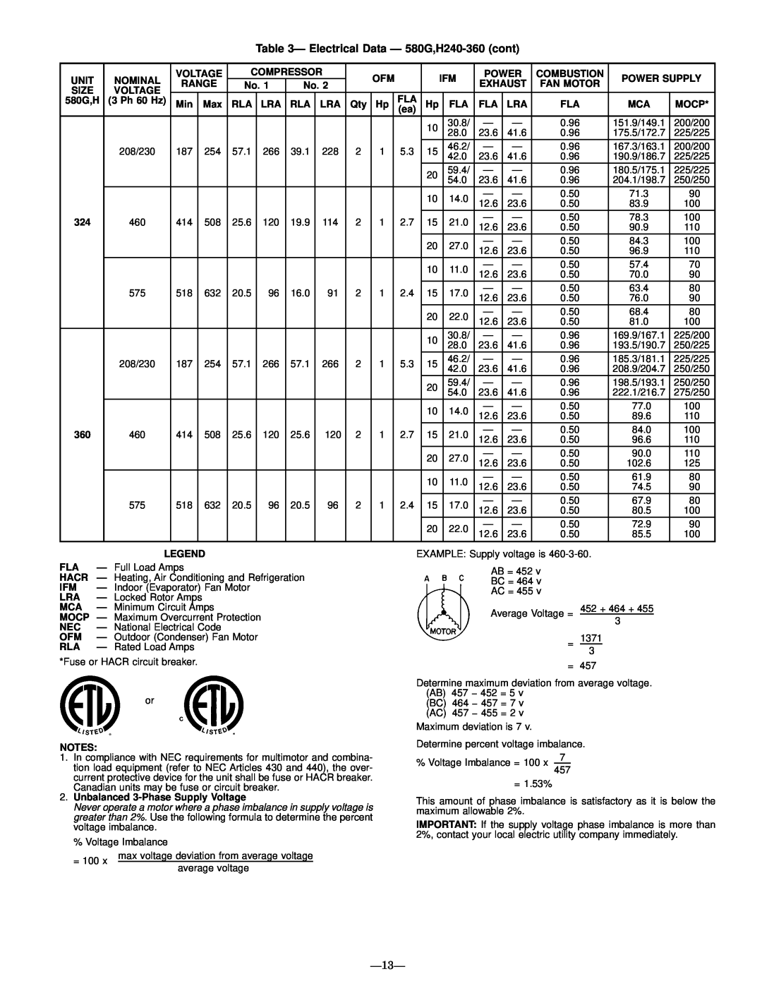 Bryant manual Ð Electrical Data Ð 580G,H240-360cont, Ð13Ð 