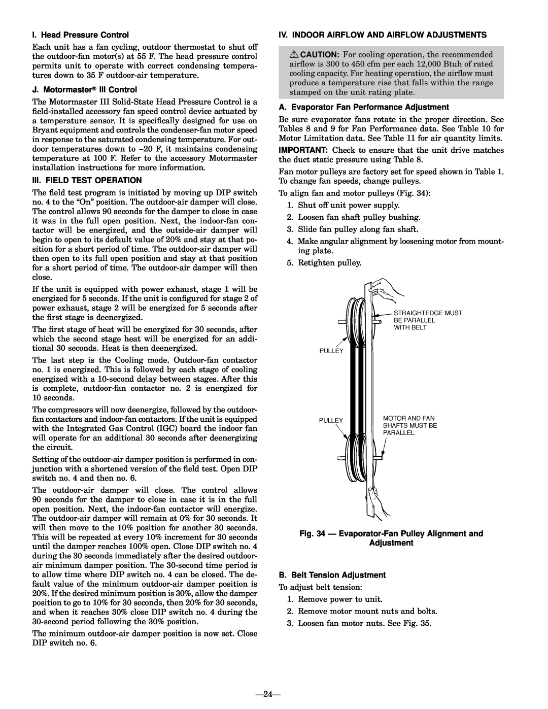Bryant 580G manual I. Head Pressure Control, J. Motormaster III Control, Iii. Field Test Operation 