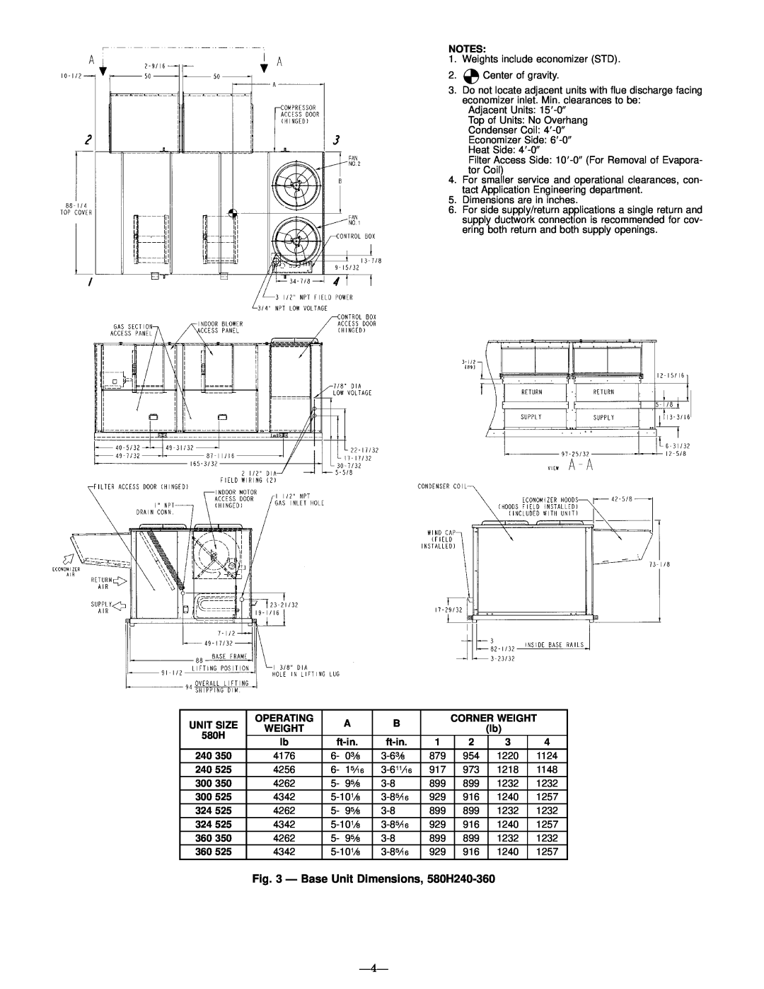 Bryant 580G manual Ð Base Unit Dimensions, 580H240-360 