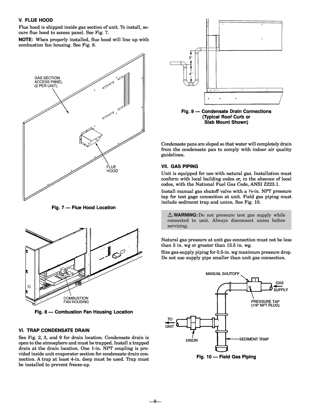 Bryant 580G manual V. Flue Hood, Ð Flue Hood Location, Ð Combustion Fan Housing Location, Vi. Trap Condensate Drain 
