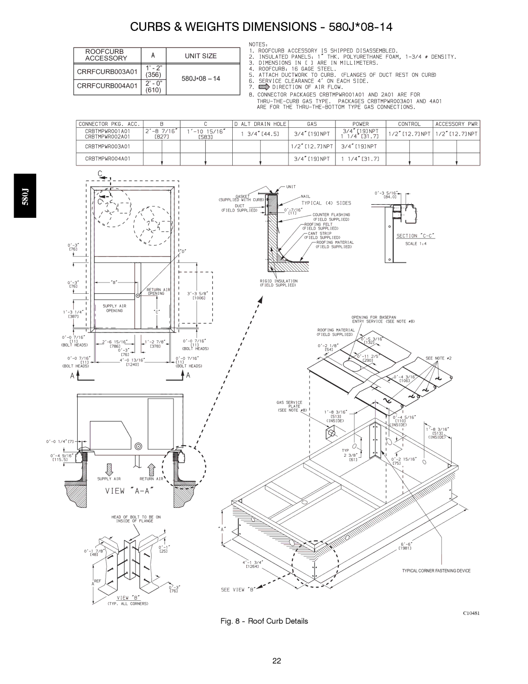 Bryant manual Curbs & Weights Dimensions 580J*08-14, Roof Curb Details 