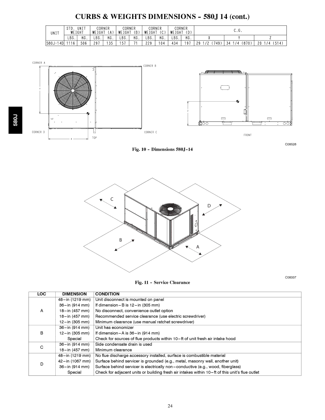 Bryant manual Curbs & Weights Dimensions 580J 14, Dimension Condition 