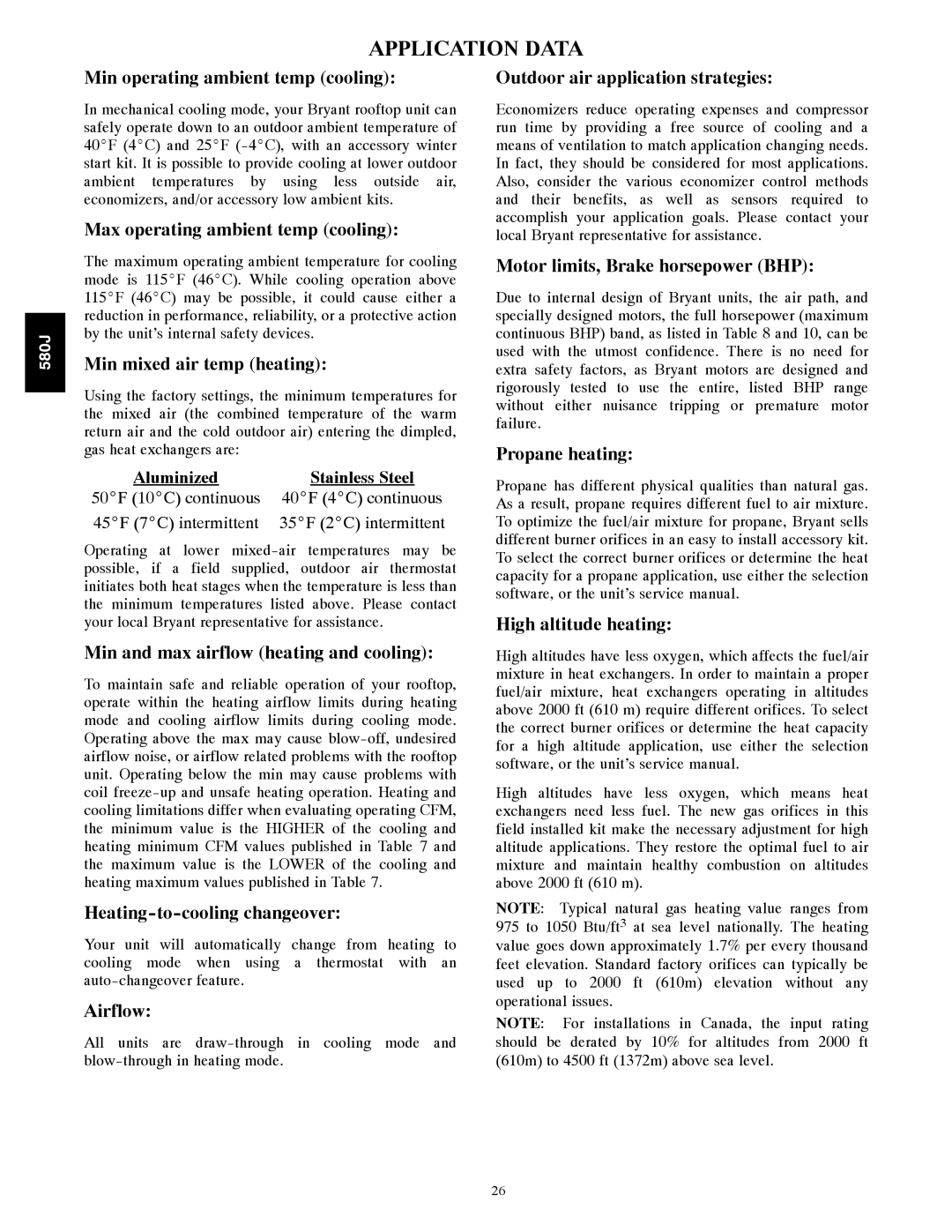 Bryant 580J manual Application Data, Min operating ambient temp cooling 