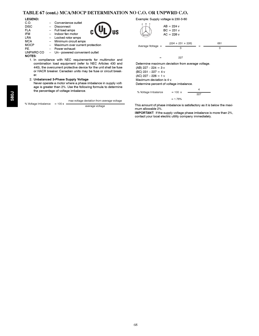 Bryant 580J manual Unbalanced 3-Phase Supply Voltage 