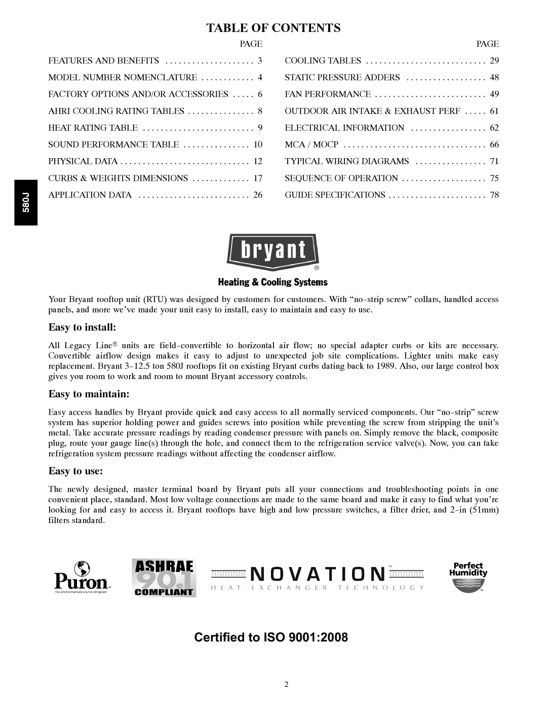 Bryant 580J manual Table Of Contents, Certified to ISO 9001:2008 