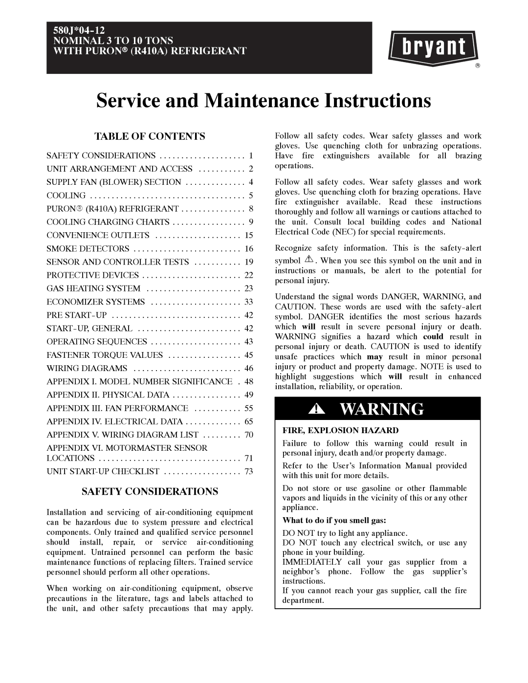 Bryant 580J*04--12 appendix Table of Contents, Safety Considerations 