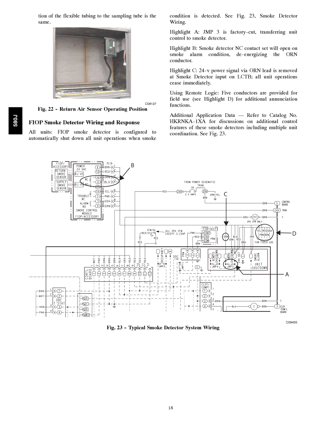 Bryant 580J*04--12 appendix Fiop Smoke Detector Wiring and Response, Return Air Sensor Operating Position 