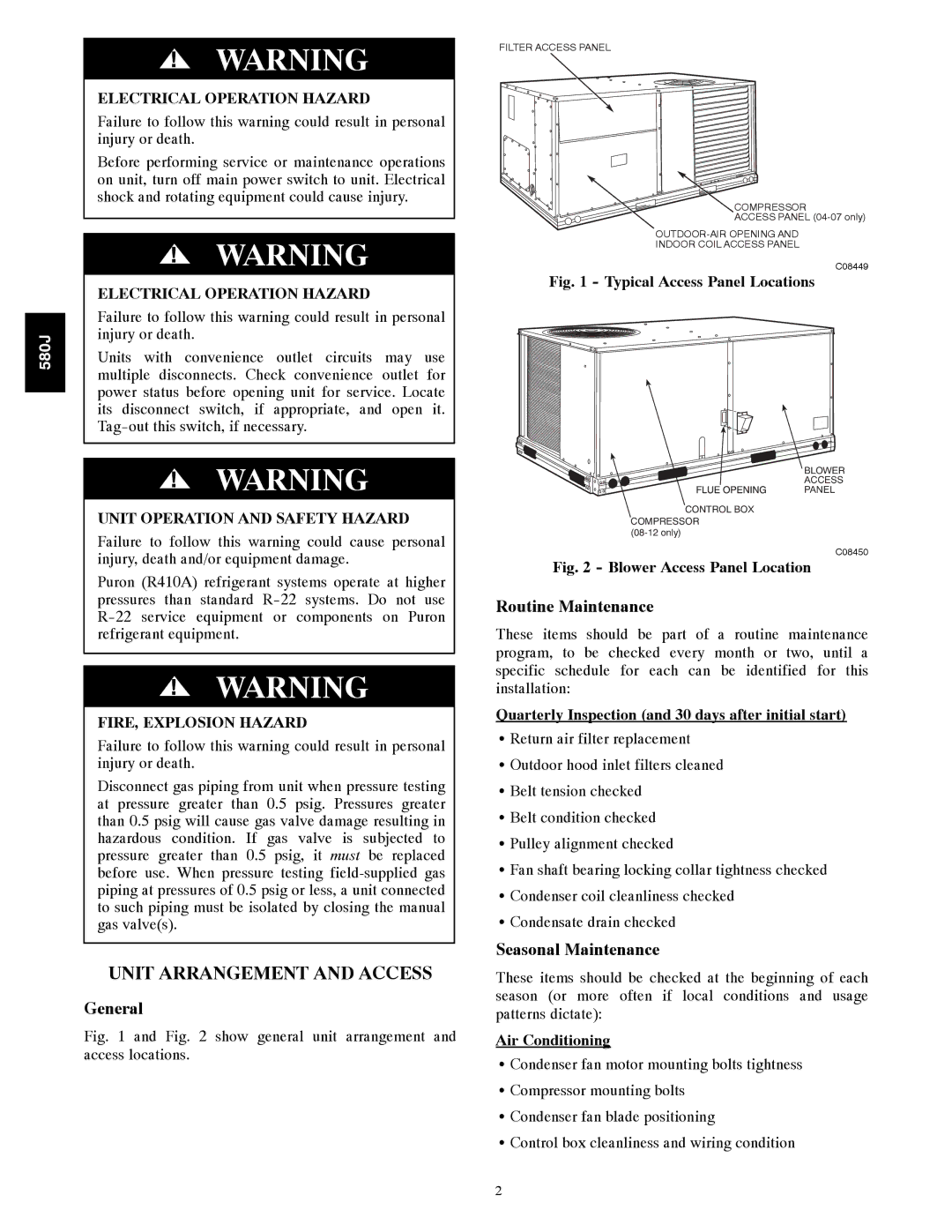 Bryant 580J*04--12 appendix Unit Arrangement and Access, General, Routine Maintenance, Seasonal Maintenance 