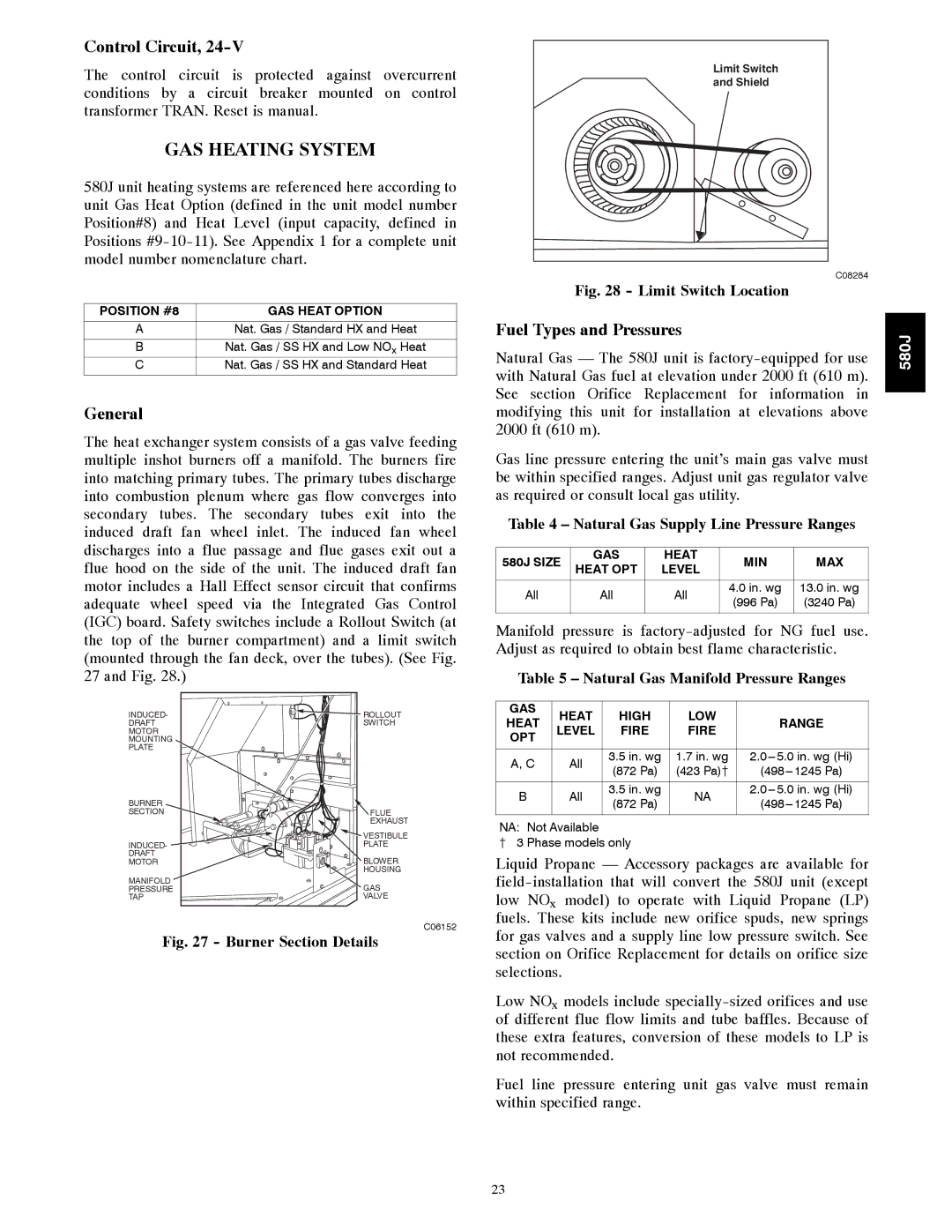 Bryant 580J*04--12 GAS Heating System, Control Circuit, Fuel Types and Pressures, Natural Gas Supply Line Pressure Ranges 