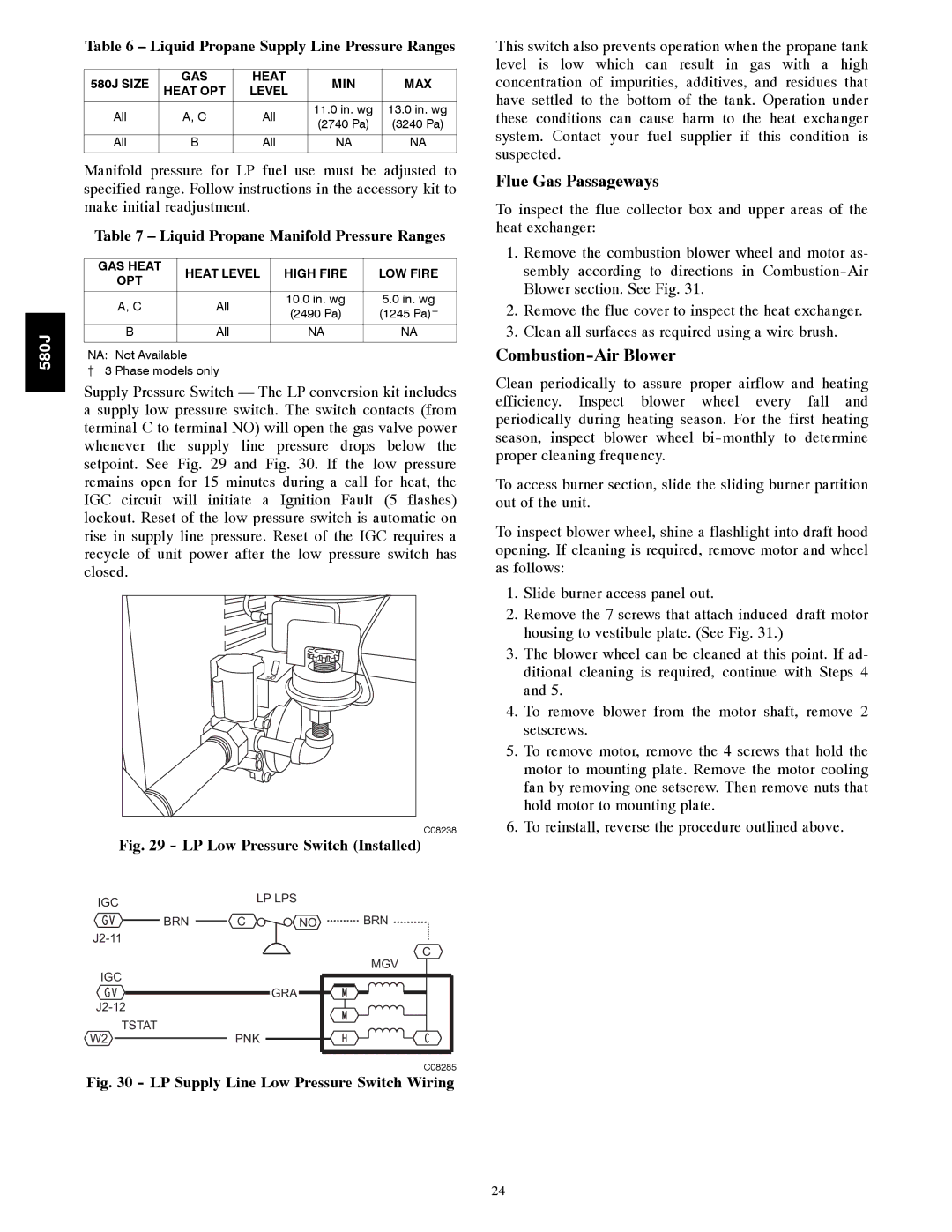 Bryant 580J*04--12 appendix Flue Gas Passageways, Combustion-Air Blower, Liquid Propane Supply Line Pressure Ranges 