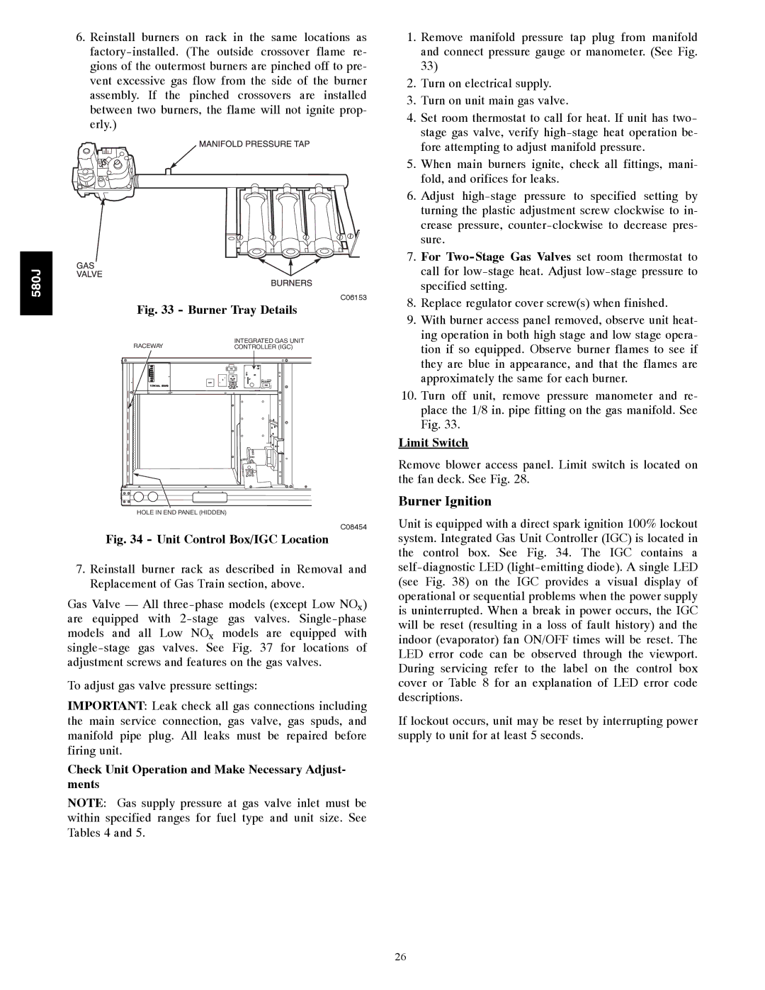 Bryant 580J*04--12 appendix Burner Ignition, Check Unit Operation and Make Necessary Adjust- ments, Limit Switch 