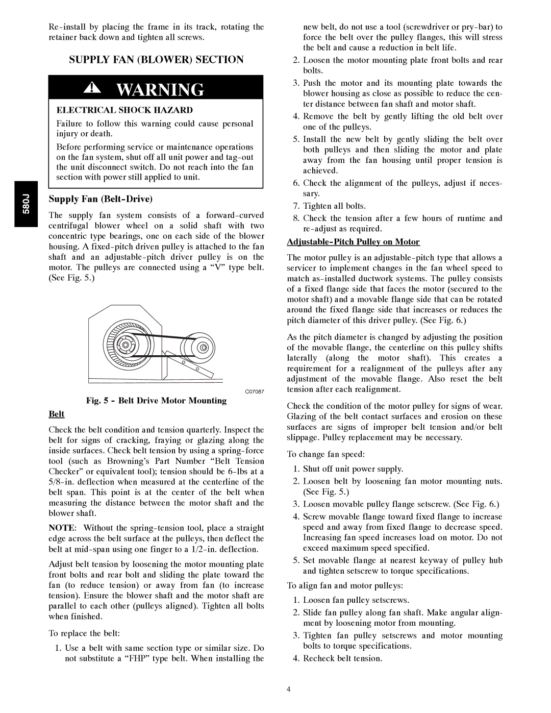 Bryant 580J*04--12 appendix Supply FAN Blower Section, Supply Fan Belt-Drive, Electrical Shock Hazard 