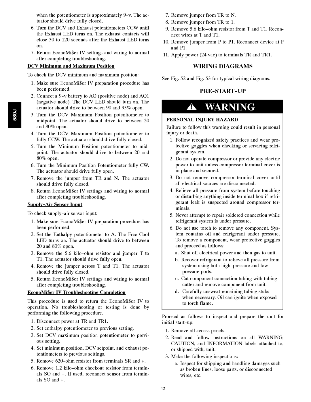 Bryant 580J*04--12 appendix Wiring Diagrams, Pre-Start-Up, Personal Injury Hazard 