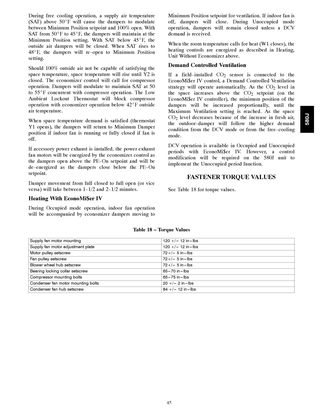 Bryant 580J*04--12 appendix Fastener Torque Values, Demand Controlled Ventilation, Heating With EconoMi$er 