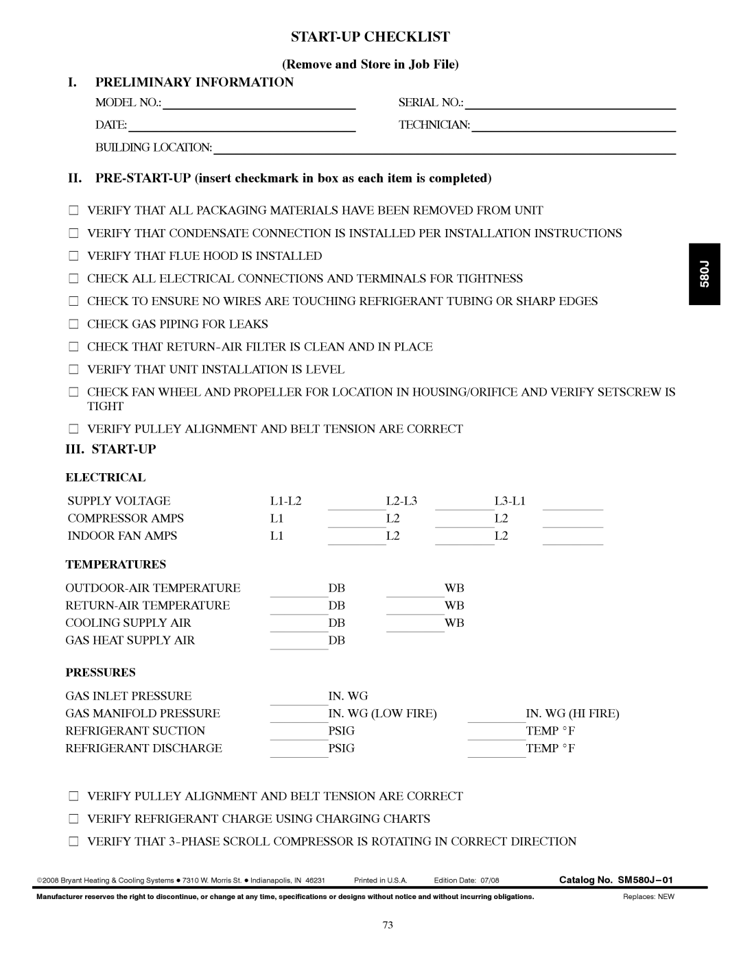 Bryant 580J*04--12 appendix START-UP Checklist, Remove and Store in Job File, Electrical, Temperatures, Pressures 