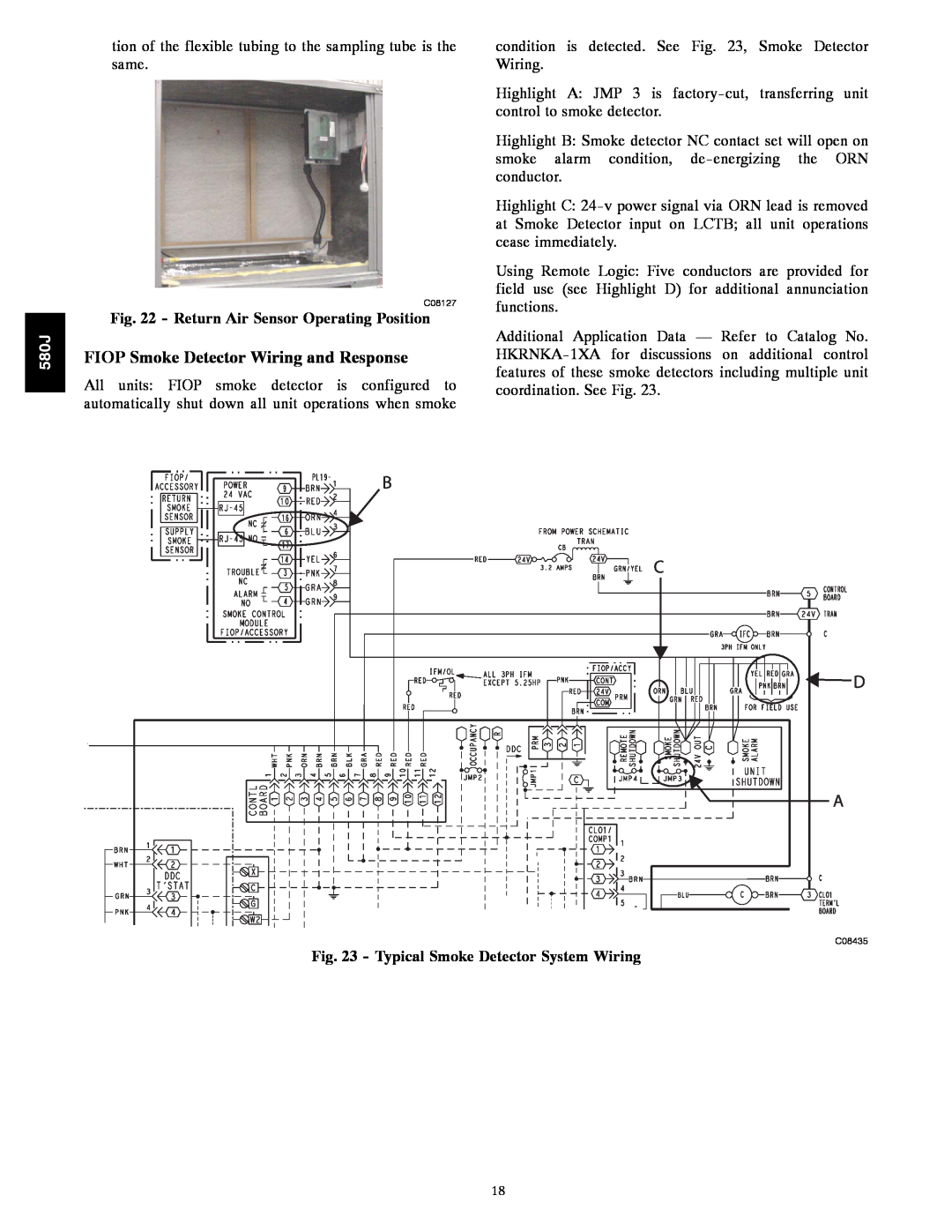 Bryant 580J*04--12 appendix FIOP Smoke Detector Wiring and Response, Return Air Sensor Operating Position, B C D A 