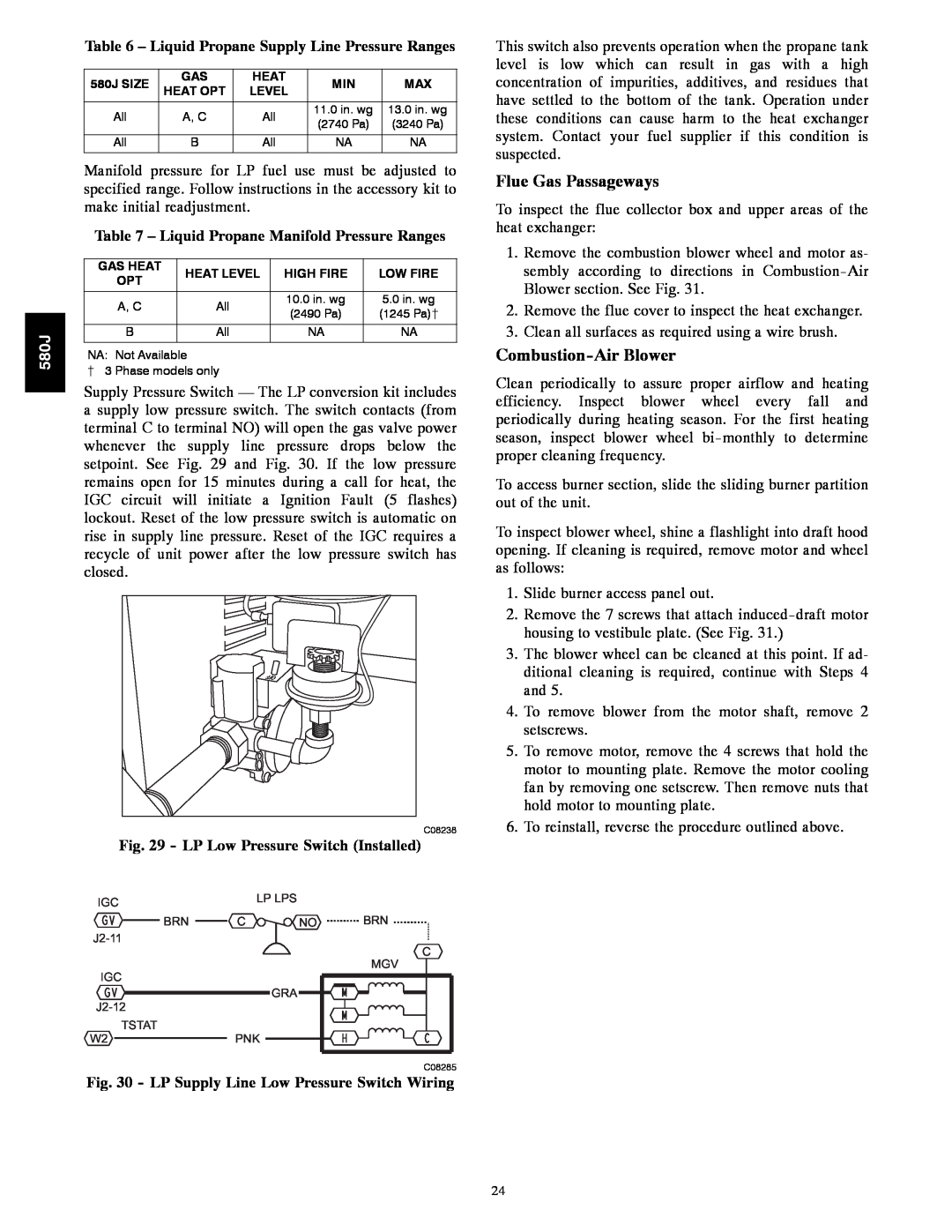 Bryant 580J*04--12 appendix Flue Gas Passageways, Combustion-AirBlower, Liquid Propane Manifold Pressure Ranges 