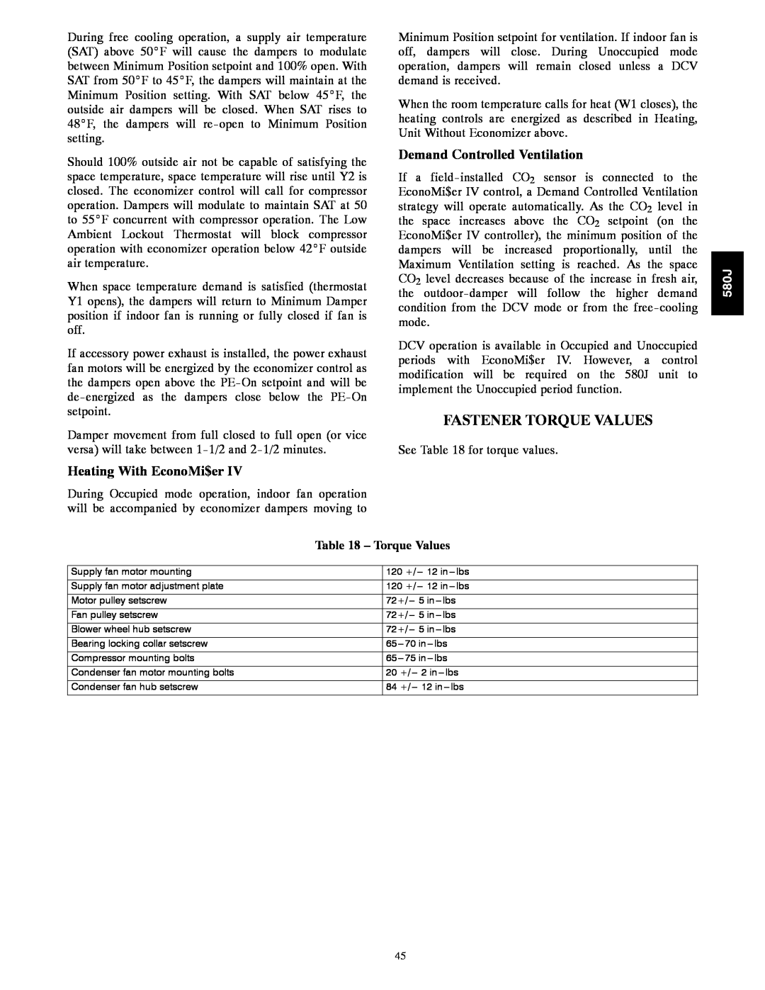 Bryant 580J*04--12 appendix Fastener Torque Values, Demand Controlled Ventilation, Heating With EconoMi$er 