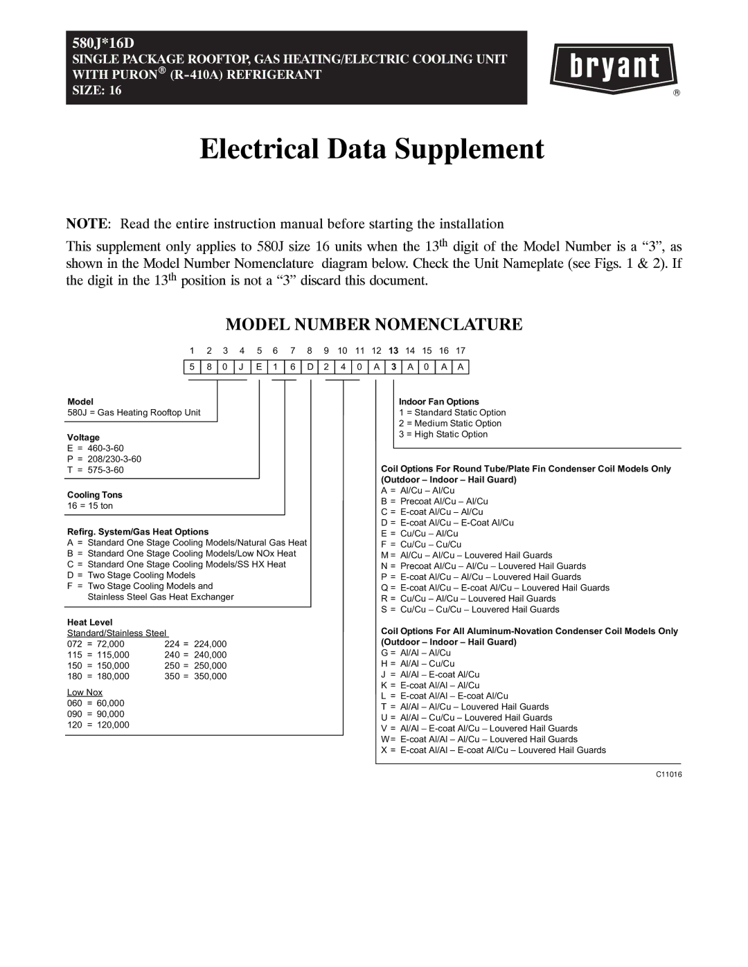 Bryant 580J*16D instruction manual Model Number Nomenclature 