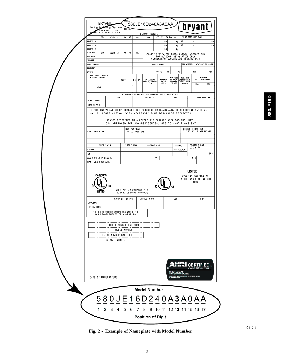 Bryant 580J*16D instruction manual J E 1 6 D 2 4 0 a 3 a 0 a a 