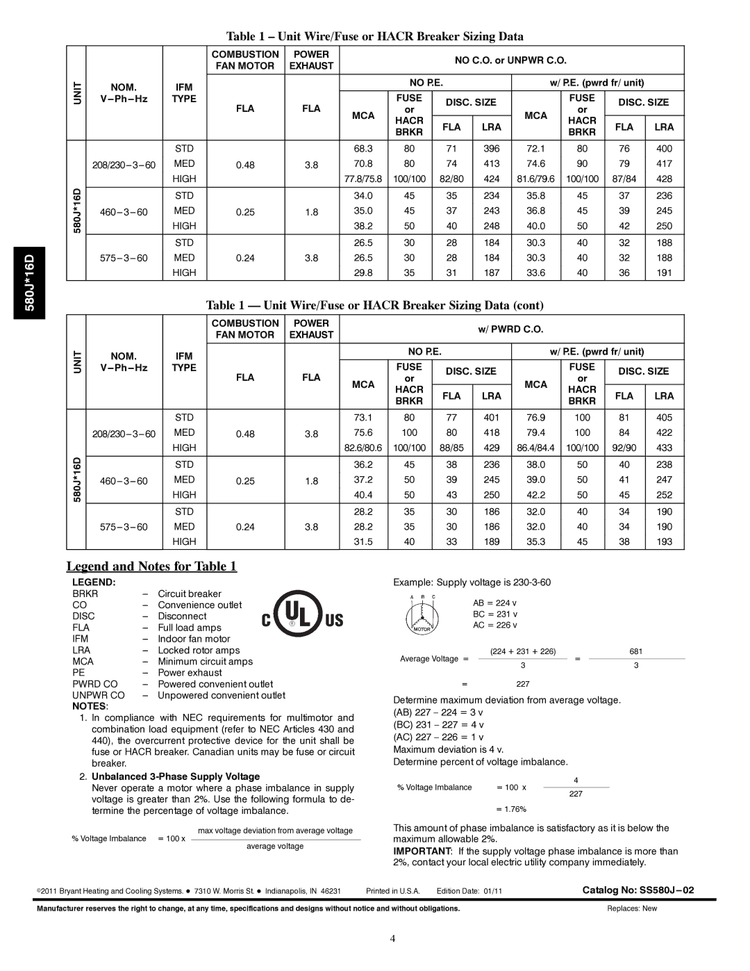 Bryant 580J*16D instruction manual Unit Wire/Fuse or Hacr Breaker Sizing Data 