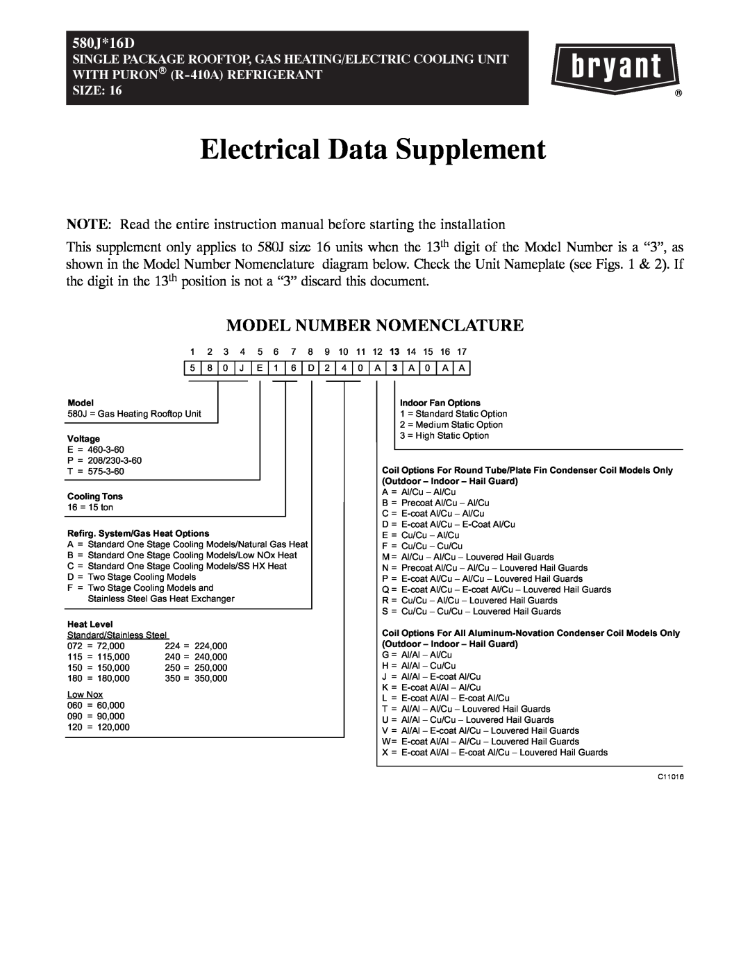 Bryant 580J*16D instruction manual Model Number Nomenclature, Electrical Data Supplement 