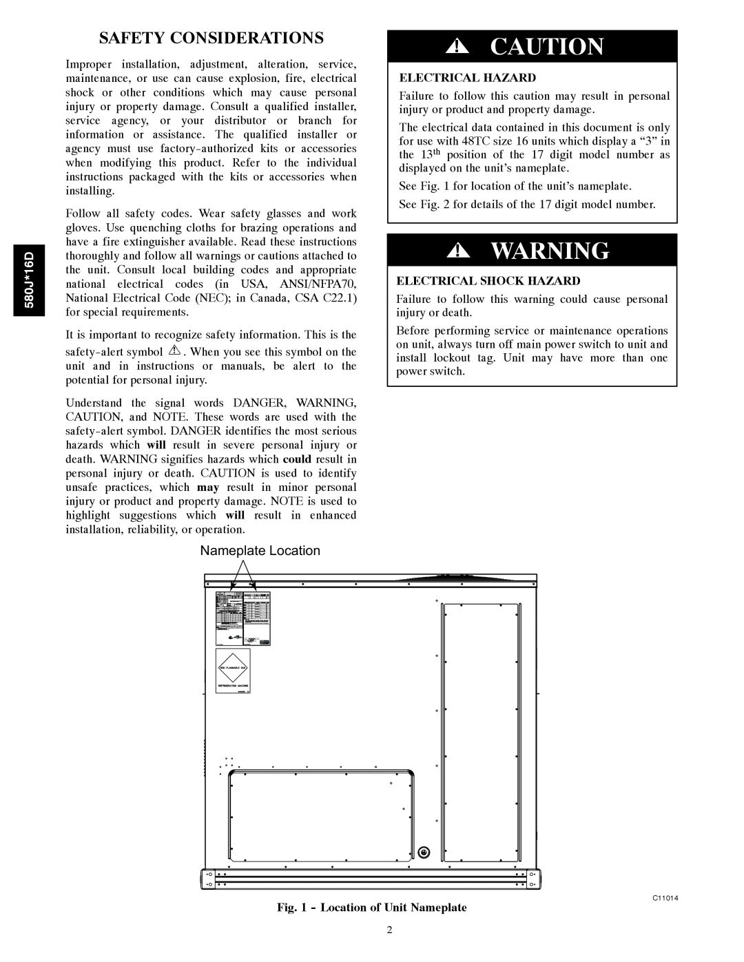 Bryant 580J*16D instruction manual Safety Considerations, Nameplate Location 