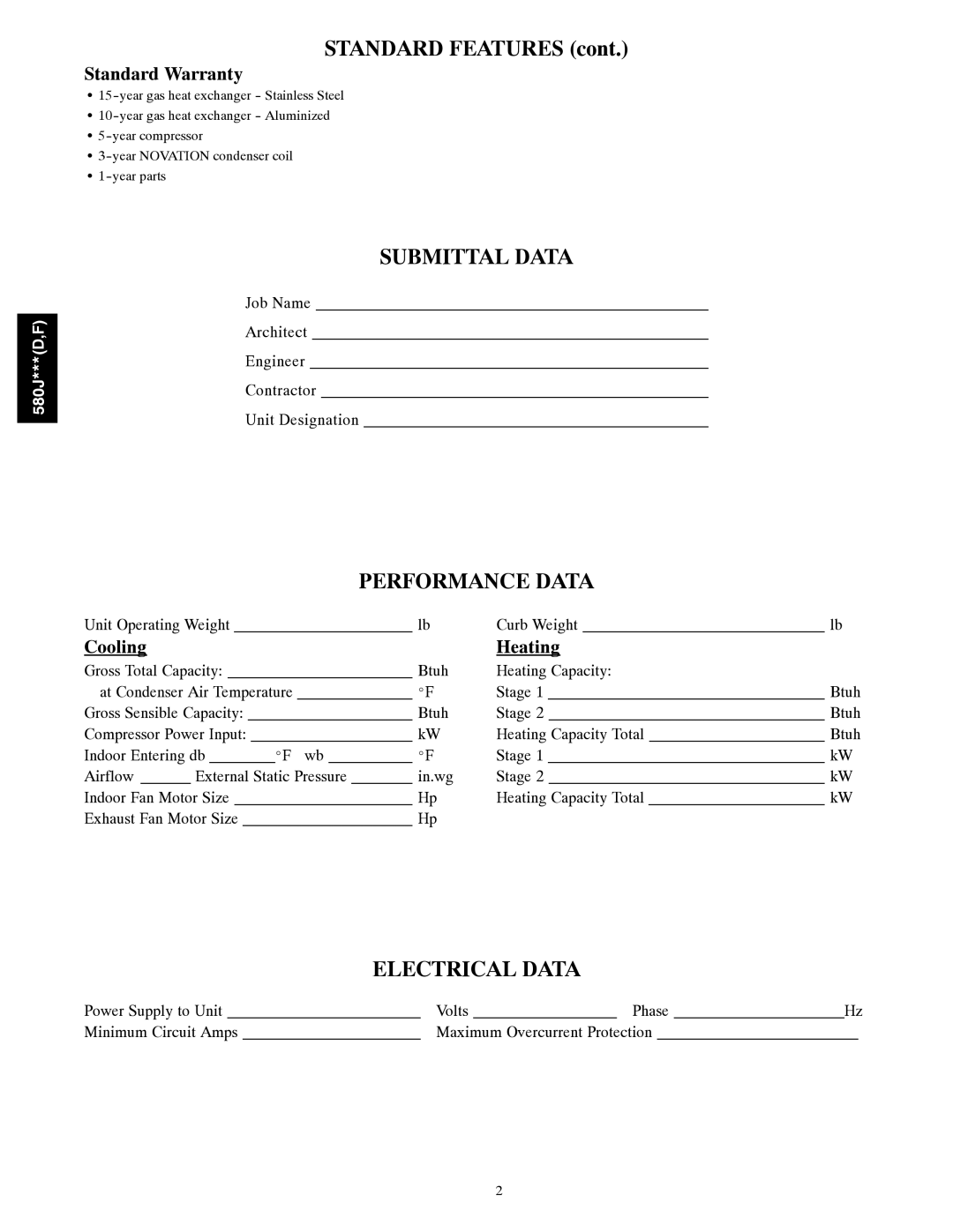 Bryant 580J***(D manual Submittal Data, Performance Data, Electrical Data, Standard Warranty, Cooling Heating 