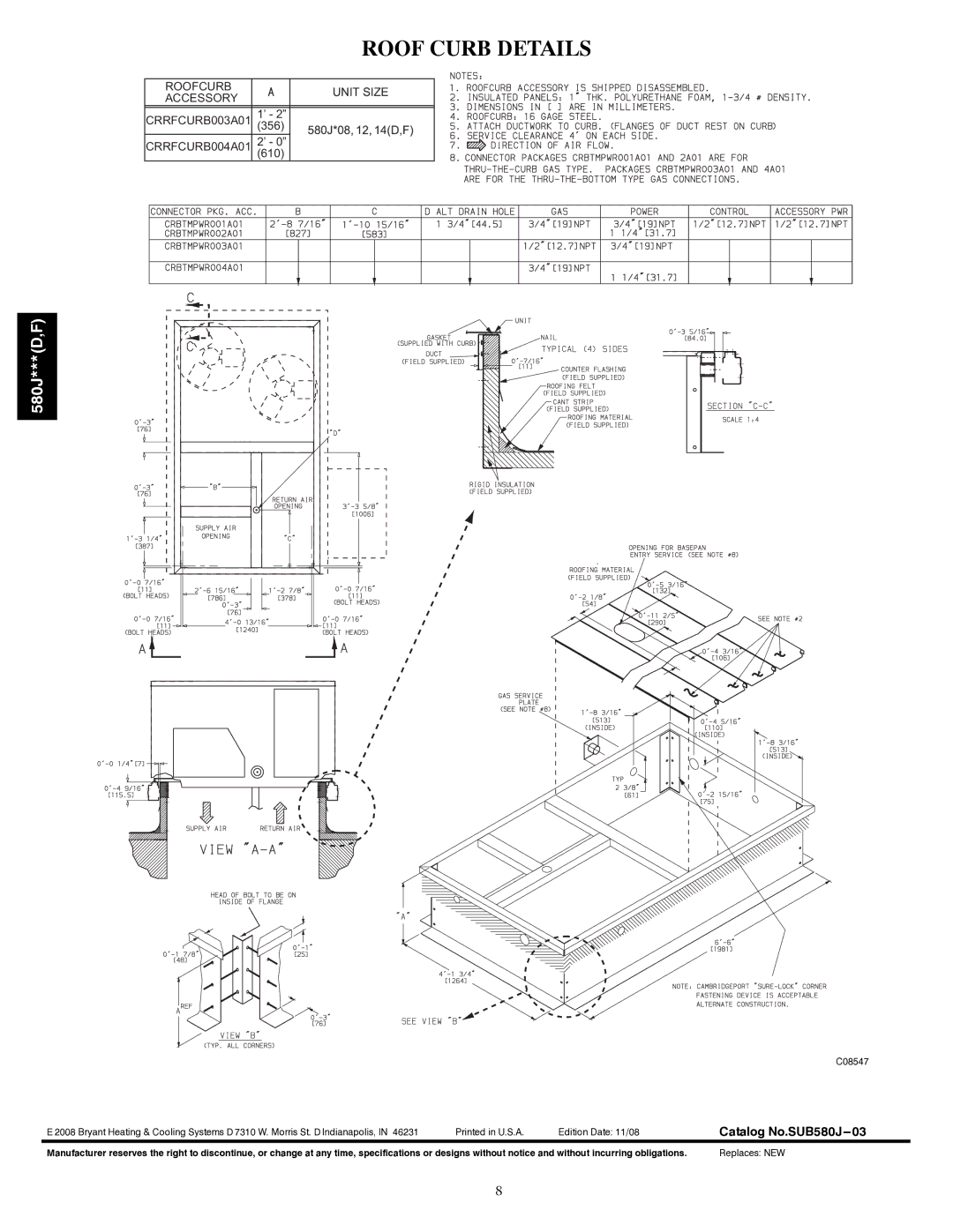 Bryant 580J***(D manual Roof Curb Details, Catalog No.SUB580J---03 