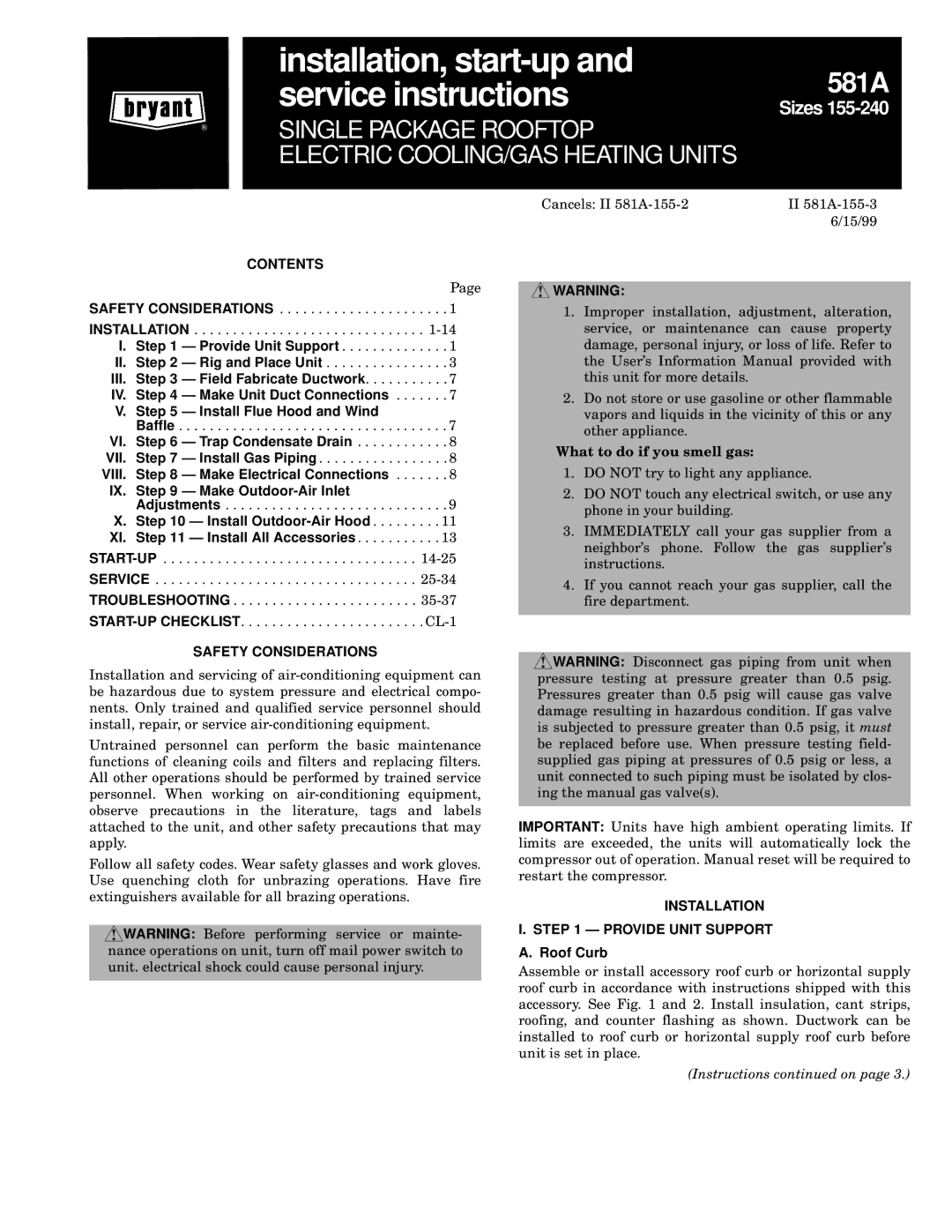 Bryant 581A operation manual Contents, Safety Considerations, Installation Provide Unit Support 