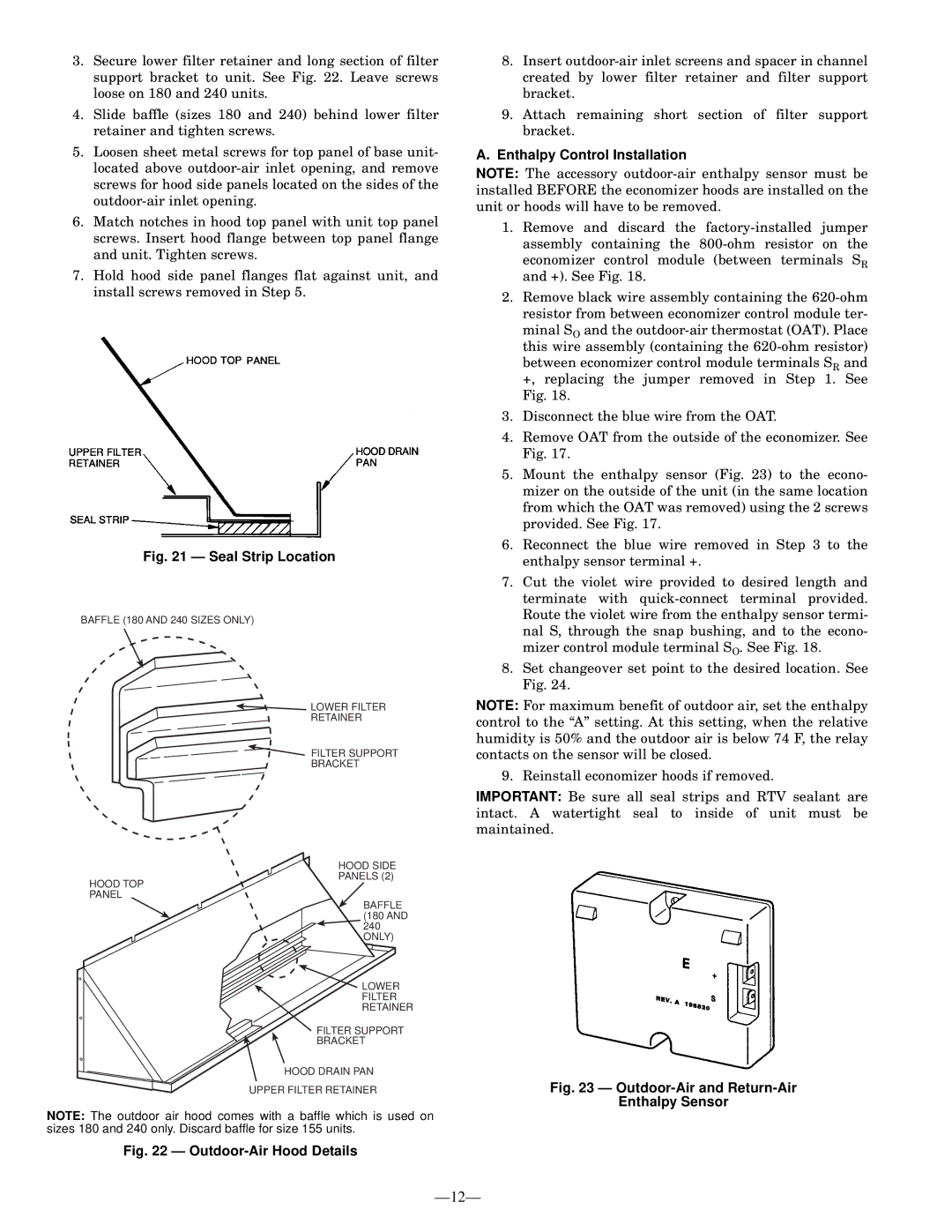 Bryant 581A operation manual Seal Strip Location, Enthalpy Control Installation 