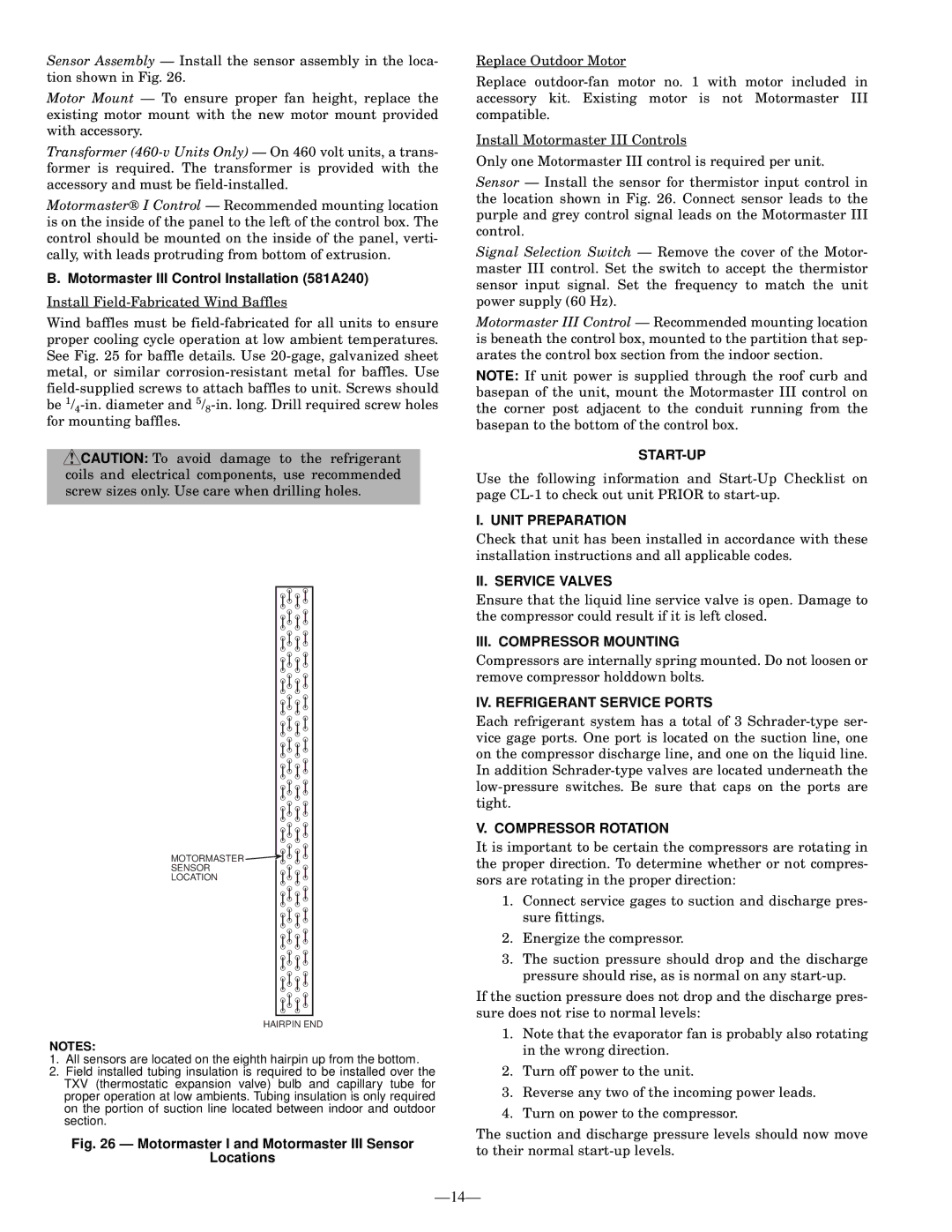 Bryant 581A Start-Up, Unit Preparation, II. Service Valves, III. Compressor Mounting, IV. Refrigerant Service Ports 