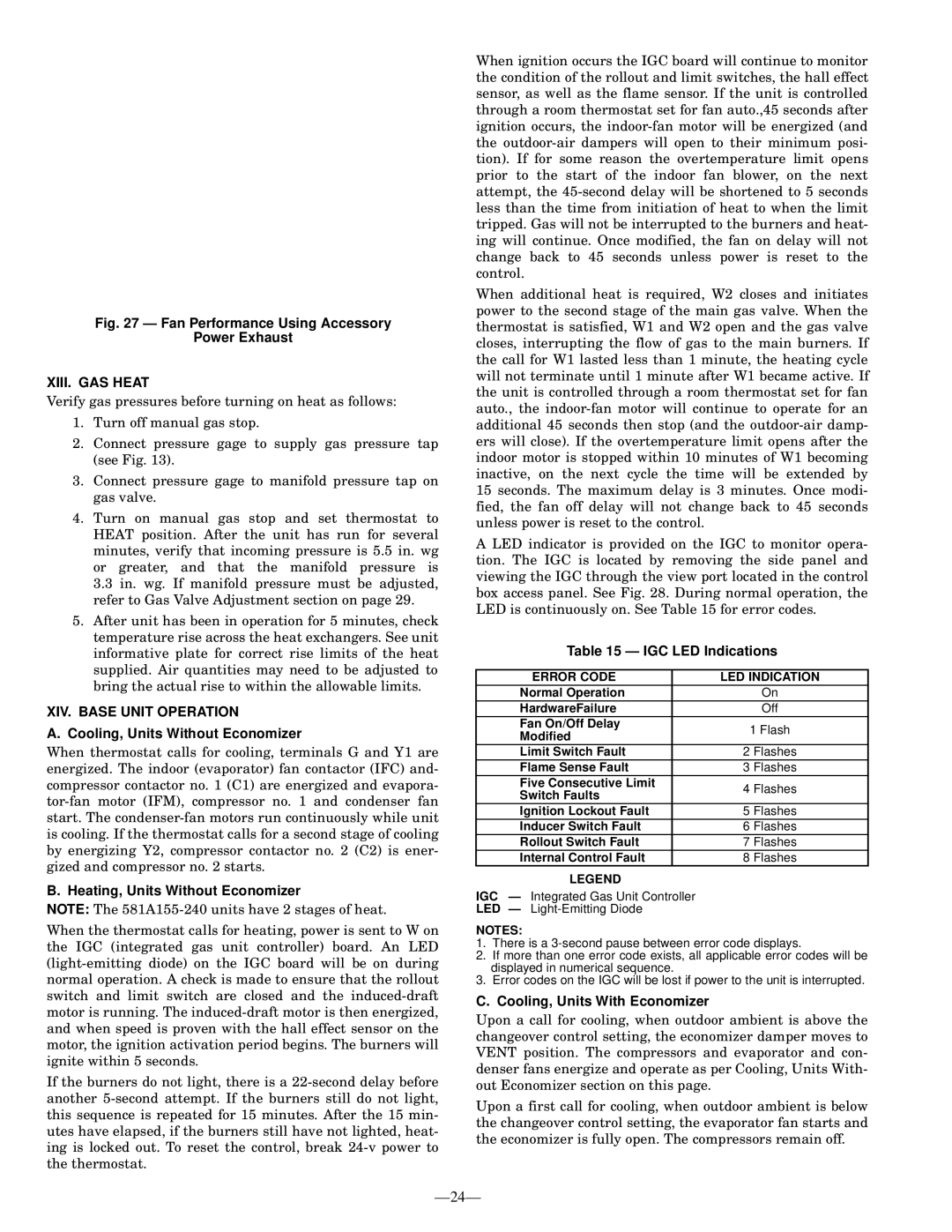 Bryant 581A operation manual XIII. GAS Heat, XIV. Base Unit Operation 