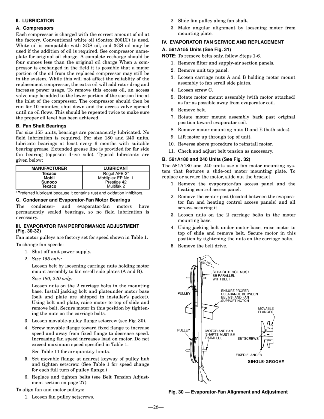 Bryant 581A operation manual II. Lubrication, IV. Evaporator FAN Service and Replacement 